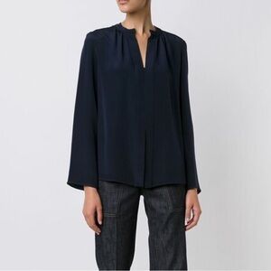 DEREK LAM Navy Blue Silk Nehru Collar Blouse | NWT Size 4